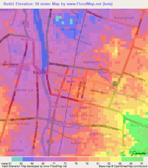 Kediri,Indonesia Elevation Map