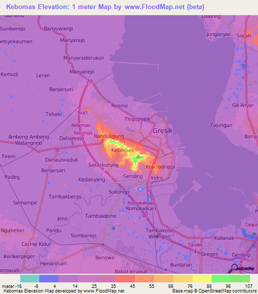 Kebomas,Indonesia Elevation Map