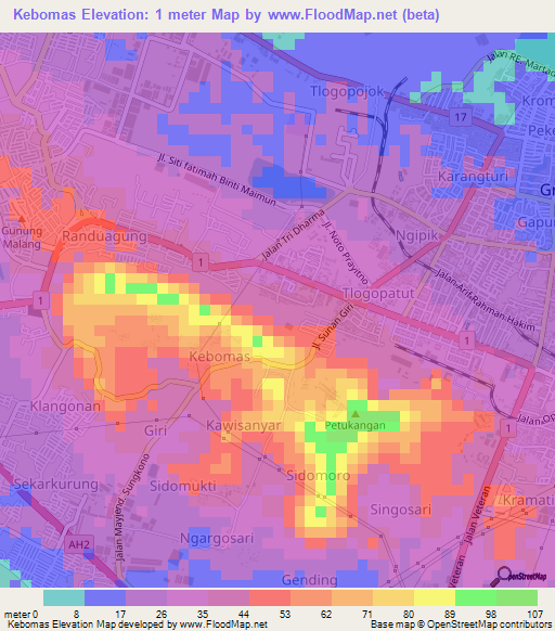 Kebomas,Indonesia Elevation Map