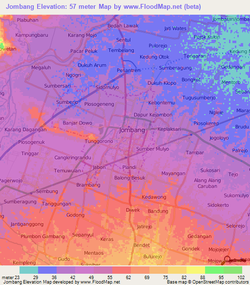 Jombang,Indonesia Elevation Map