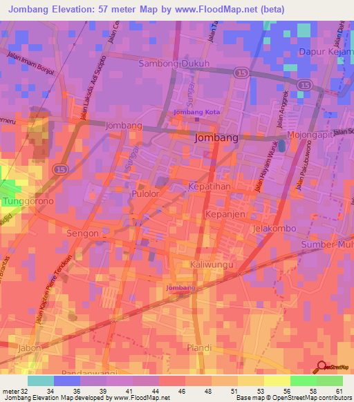 Jombang,Indonesia Elevation Map