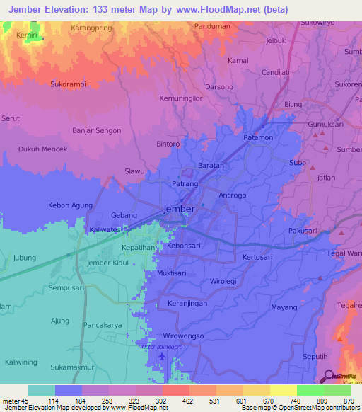 Jember,Indonesia Elevation Map