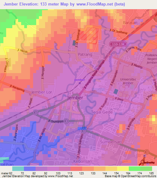 Jember,Indonesia Elevation Map