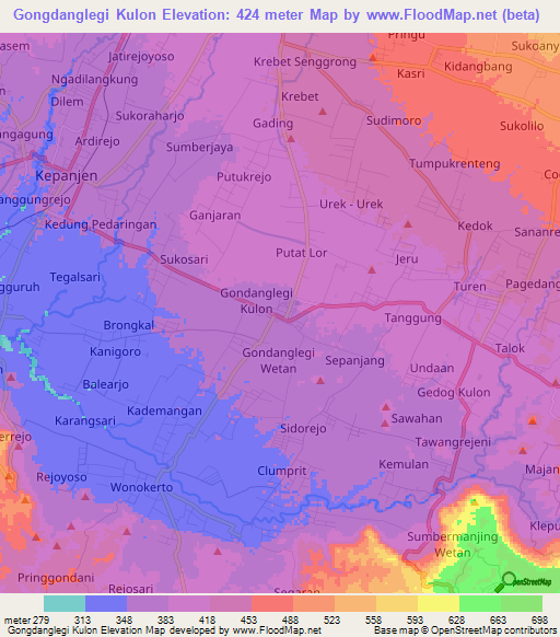 Gongdanglegi Kulon,Indonesia Elevation Map