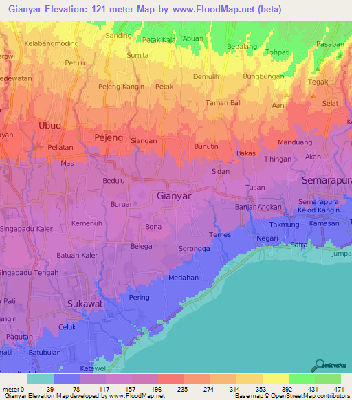 Gianyar,Indonesia Elevation Map