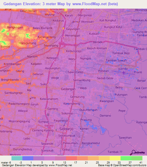 Gedangan,Indonesia Elevation Map