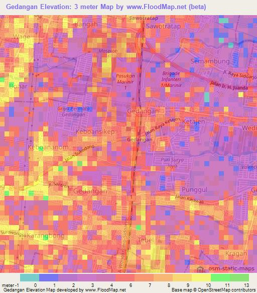 Gedangan,Indonesia Elevation Map