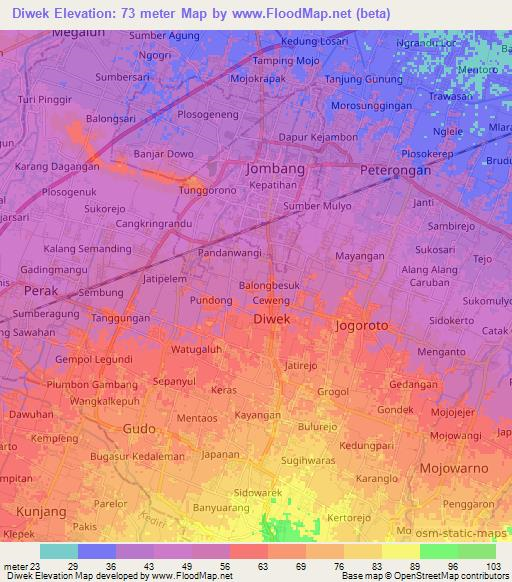 Diwek,Indonesia Elevation Map