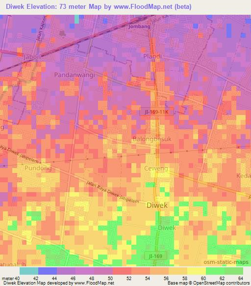 Diwek,Indonesia Elevation Map