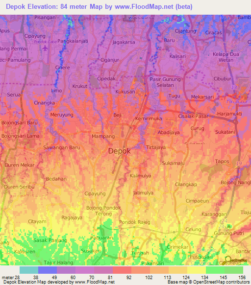 Depok,Indonesia Elevation Map