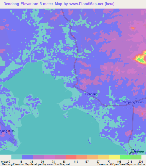 Dendang,Indonesia Elevation Map