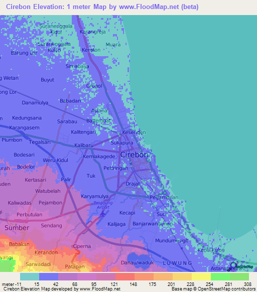 Cirebon,Indonesia Elevation Map