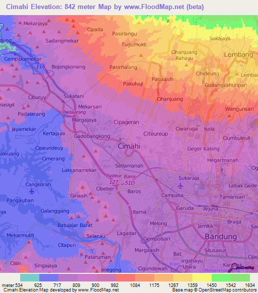 Cimahi,Indonesia Elevation Map