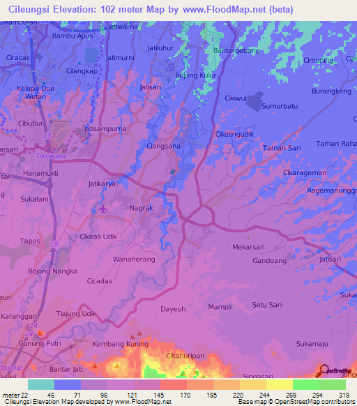 Cileungsi,Indonesia Elevation Map