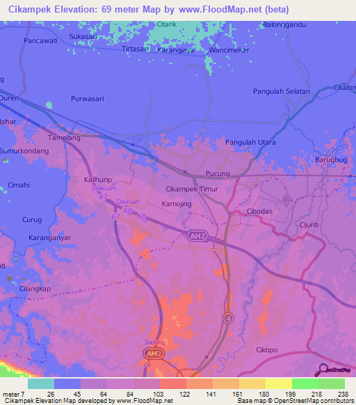Cikampek,Indonesia Elevation Map