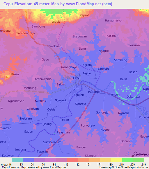 Cepu,Indonesia Elevation Map