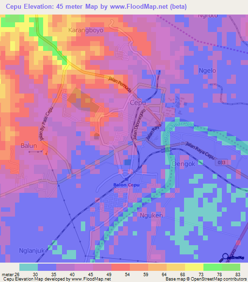 Cepu,Indonesia Elevation Map