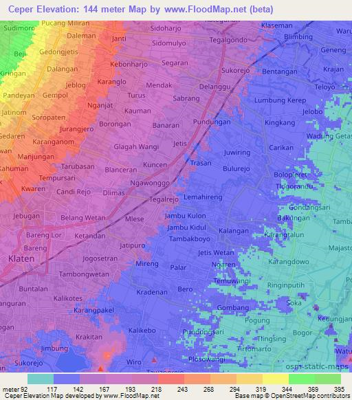 Ceper,Indonesia Elevation Map