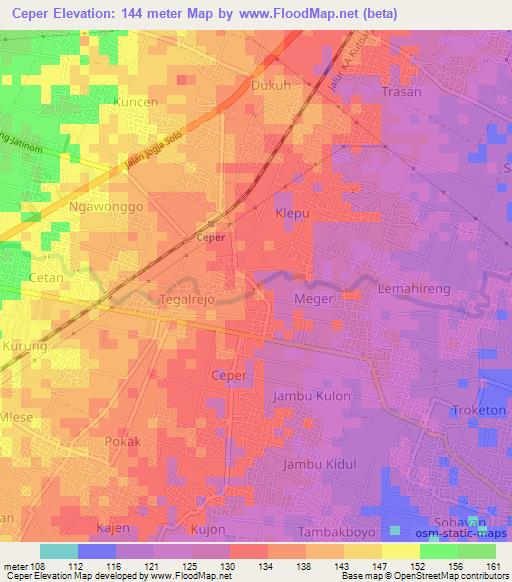 Ceper,Indonesia Elevation Map