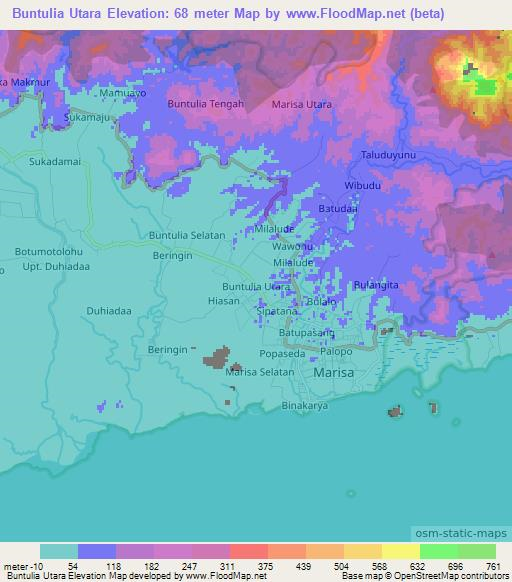 Buntulia Utara,Indonesia Elevation Map