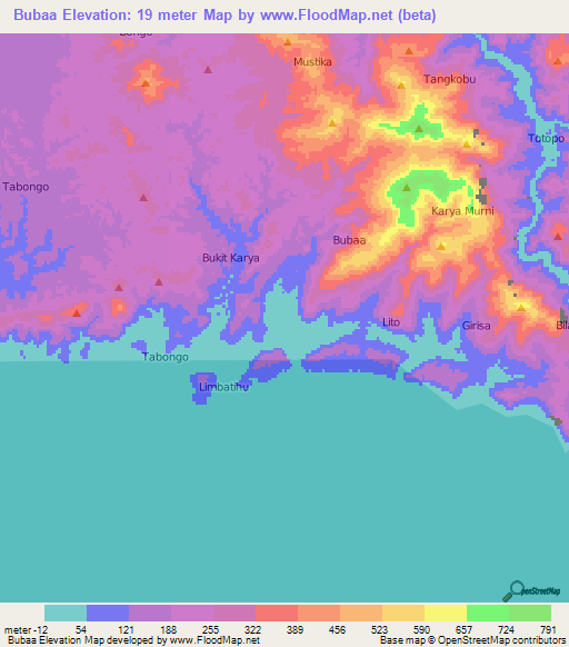 Bubaa,Indonesia Elevation Map