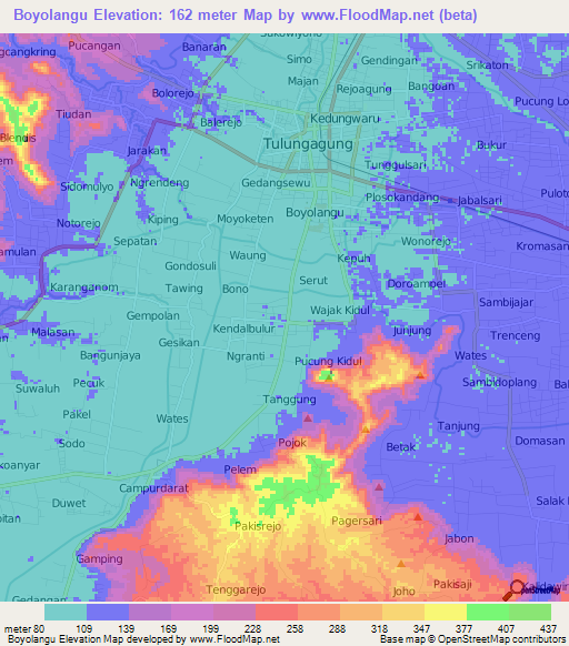 Boyolangu,Indonesia Elevation Map