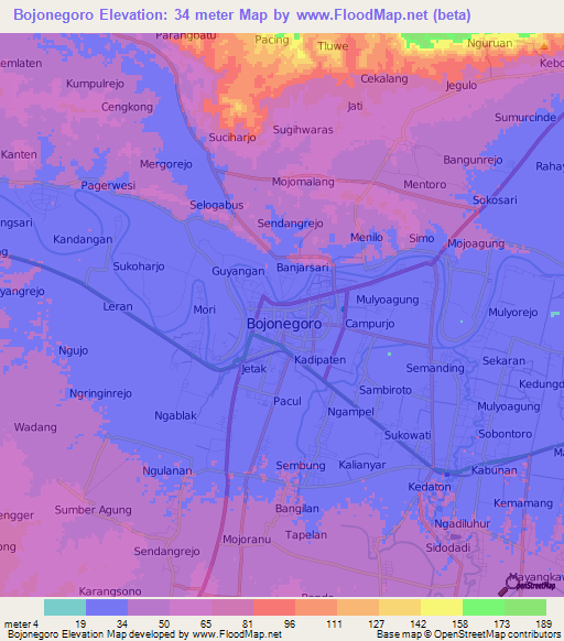 Bojonegoro,Indonesia Elevation Map