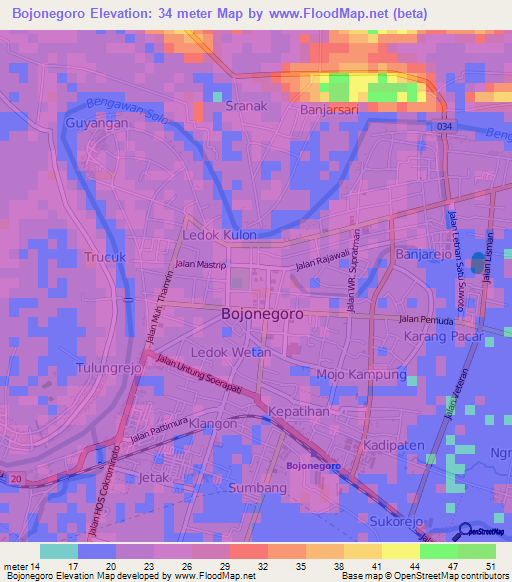 Bojonegoro,Indonesia Elevation Map