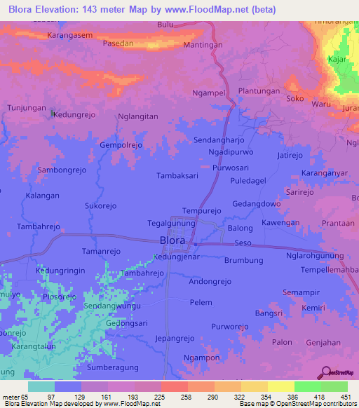 Blora,Indonesia Elevation Map