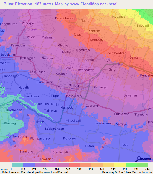 Blitar,Indonesia Elevation Map