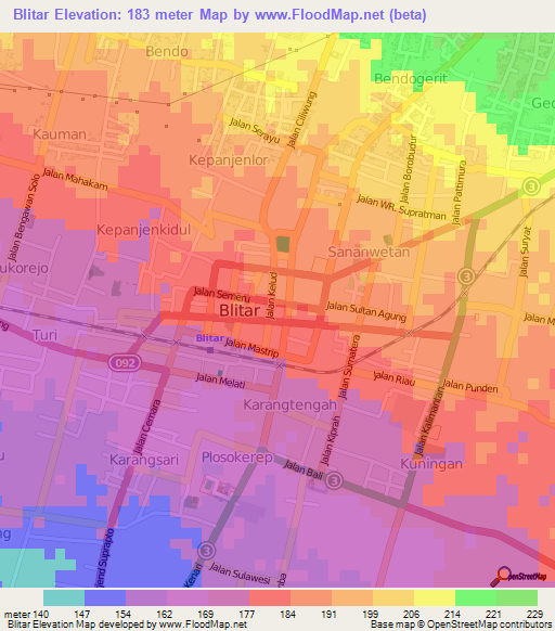 Blitar,Indonesia Elevation Map