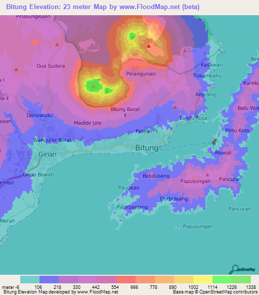 Bitung,Indonesia Elevation Map