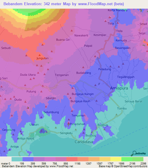 Bebandem,Indonesia Elevation Map