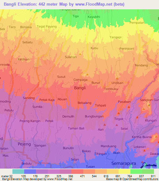 Bangli,Indonesia Elevation Map