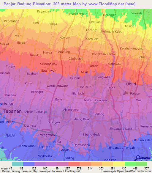 Banjar Badung,Indonesia Elevation Map