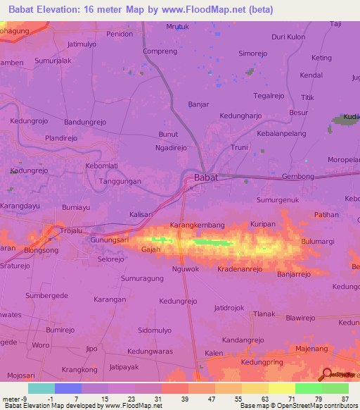 Babat,Indonesia Elevation Map