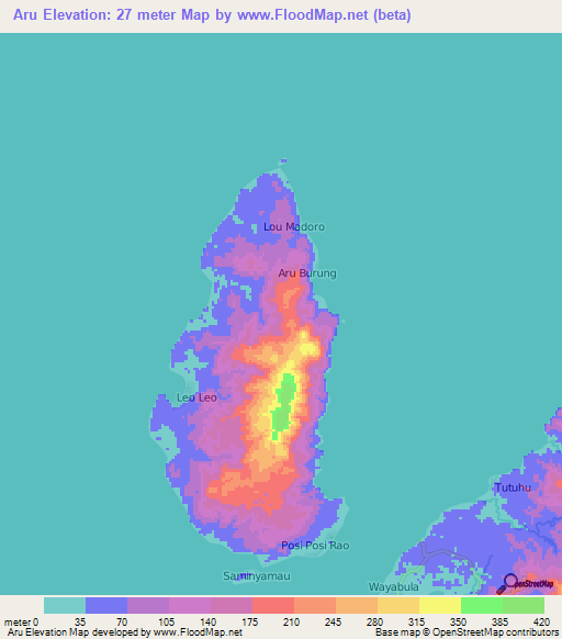 Aru,Indonesia Elevation Map