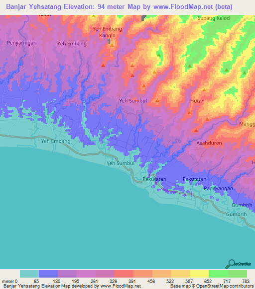 Banjar Yehsatang,Indonesia Elevation Map