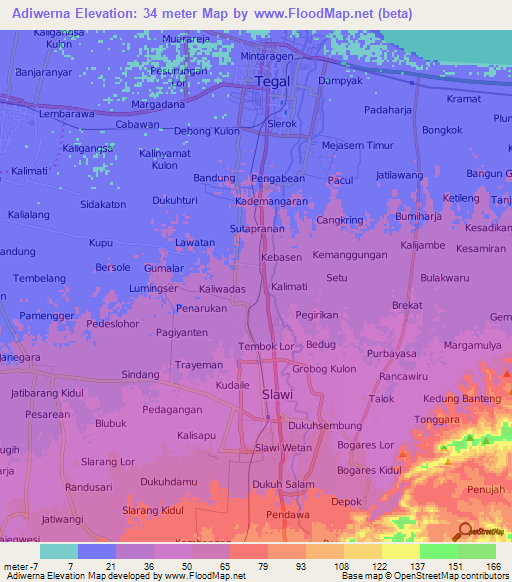 Adiwerna,Indonesia Elevation Map
