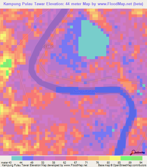 Kampung Pulau Tawar,Malaysia Elevation Map