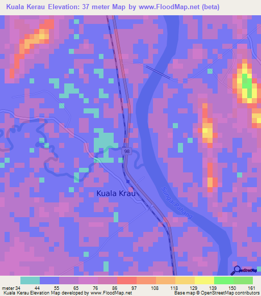 Kuala Kerau,Malaysia Elevation Map