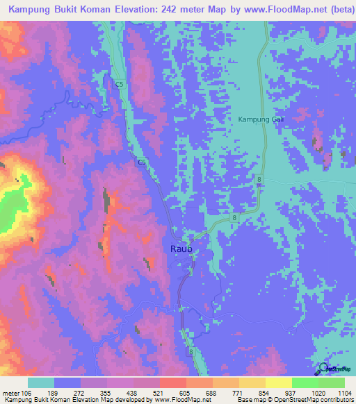 Kampung Bukit Koman,Malaysia Elevation Map