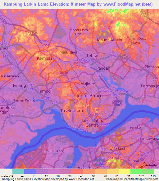 Kampung Larkin Lama,Malaysia Elevation Map