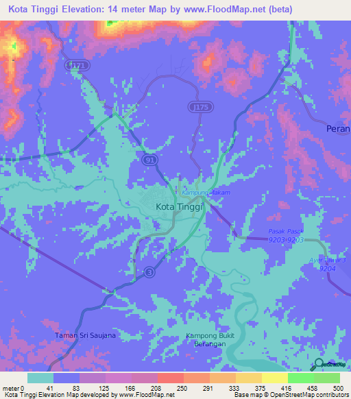 Kota Tinggi,Malaysia Elevation Map