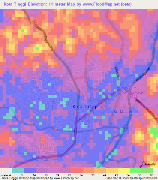 Kota Tinggi,Malaysia Elevation Map