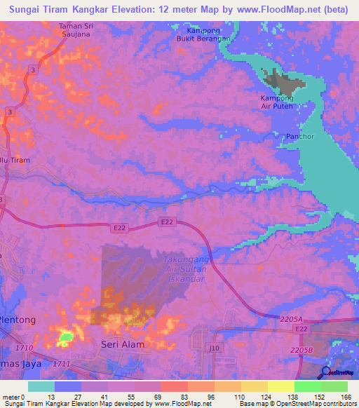 Sungai Tiram Kangkar,Malaysia Elevation Map