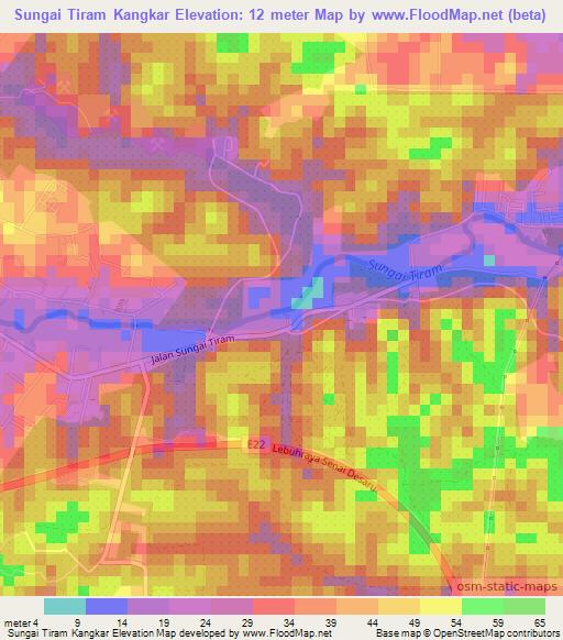 Sungai Tiram Kangkar,Malaysia Elevation Map