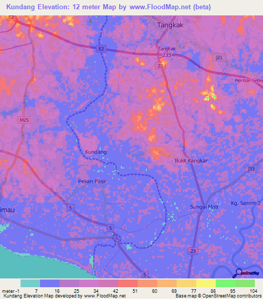 Kundang,Malaysia Elevation Map