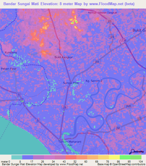 Bandar Sungai Mati,Malaysia Elevation Map