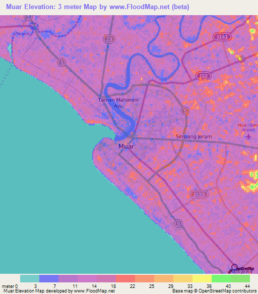 Muar,Malaysia Elevation Map